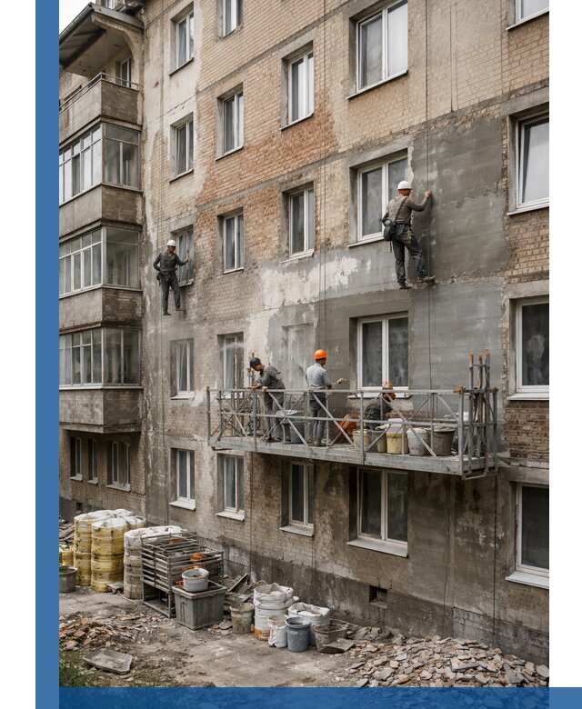 Капитальный ремонт фасада в Острогожске с восстановлением и гидроизоляцией