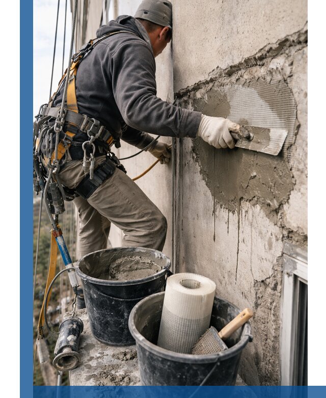 Ремонт бетонных элементов фасада промышленными альпинистами в Острогожске