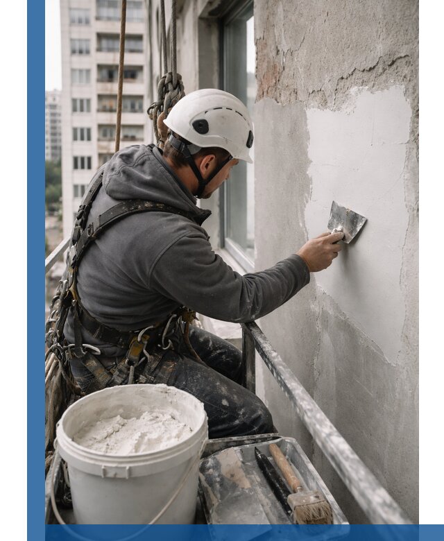 Шпаклевка фасадов на высоте с промальпинистами в Острогожске