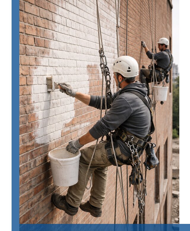 Покраска кирпичного фасада с доступным альпинистским сервисом в Острогожске