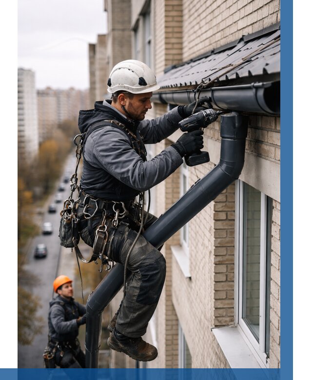 Монтаж водосточной системы на здании в Острогожске от 5216 р. | ВЫСОТНИК-Стг