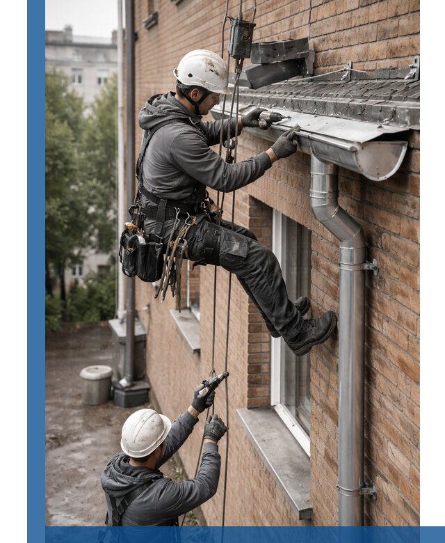 Монтаж водосточной системы на здании в Острогожске под ключ