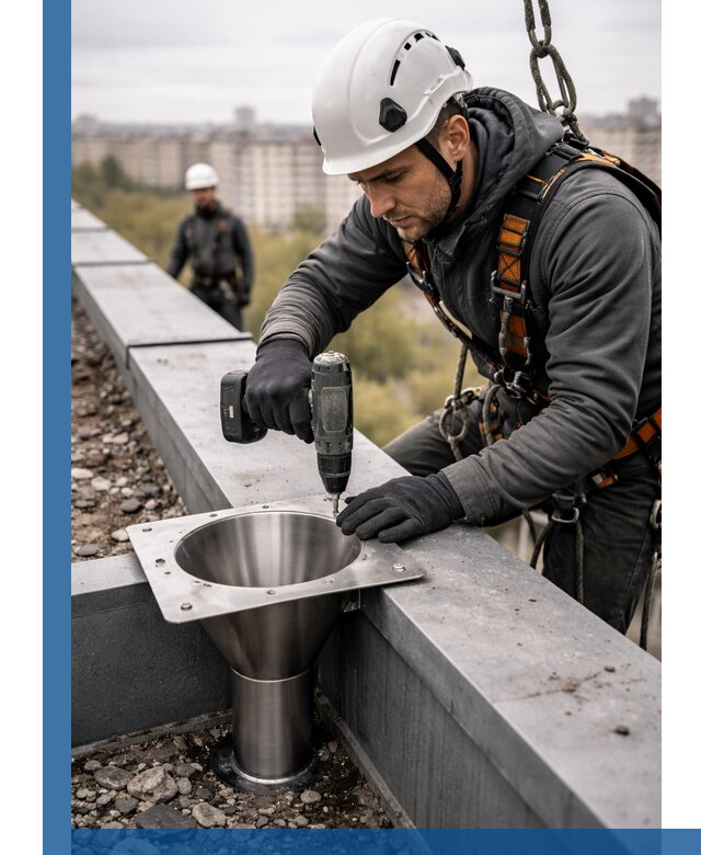 Монтаж водосточных воронок в Острогожске для промышленных зданий