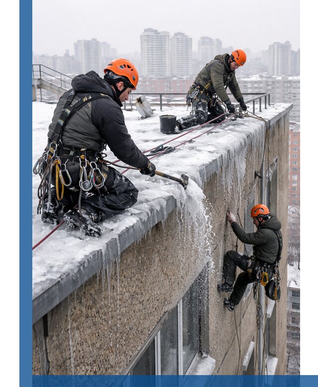 Удаление наледи с кровли в Острогожске промышленными альпинистами