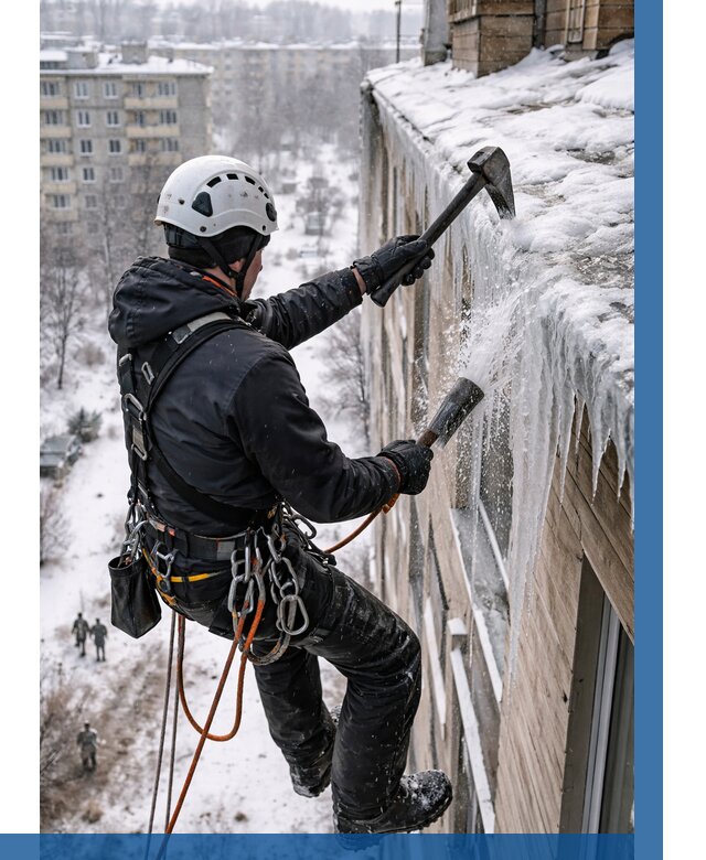 Сбивание сосулек с крыши в Острогожске по цене от 4694 р. | ВЫСОТНИК-Стг