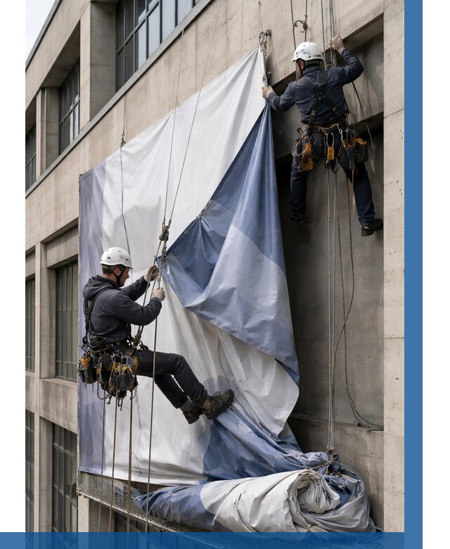 Демонтаж баннеров с фасада в Острогожске от 4694 р. | ВЫСОТНИК-Стг