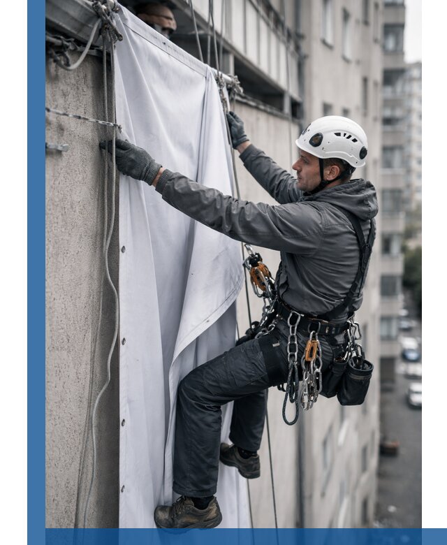 Замена баннерного полотна промышленными альпинистами в Острогожске