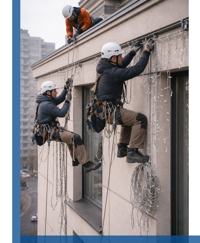 Монтаж праздничных гирлянд на фасаде в Острогожске для зданий