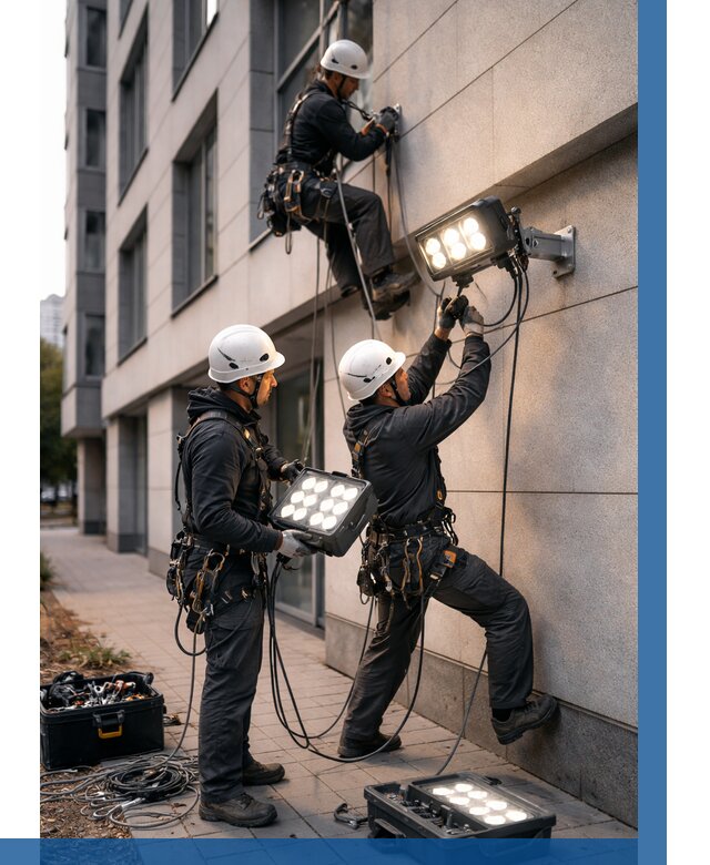 Монтаж прожекторов на фасаде в Острогожске от 7823 р. | ВЫСОТНИК-Стг