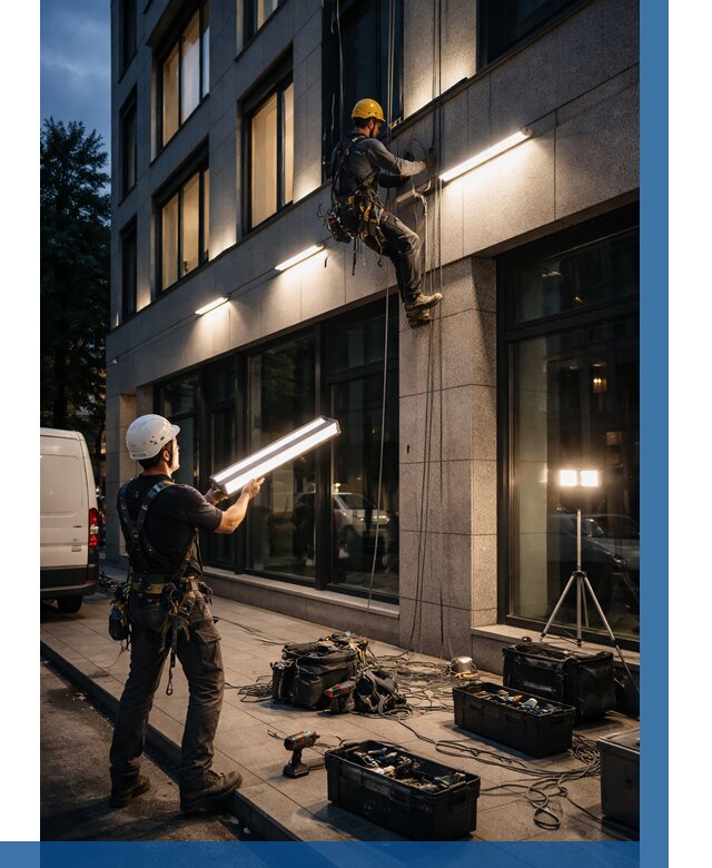 Монтаж архитектурной подсветки здания в Острогожске от 2608 р.|ВЫСОТНИК-Стг