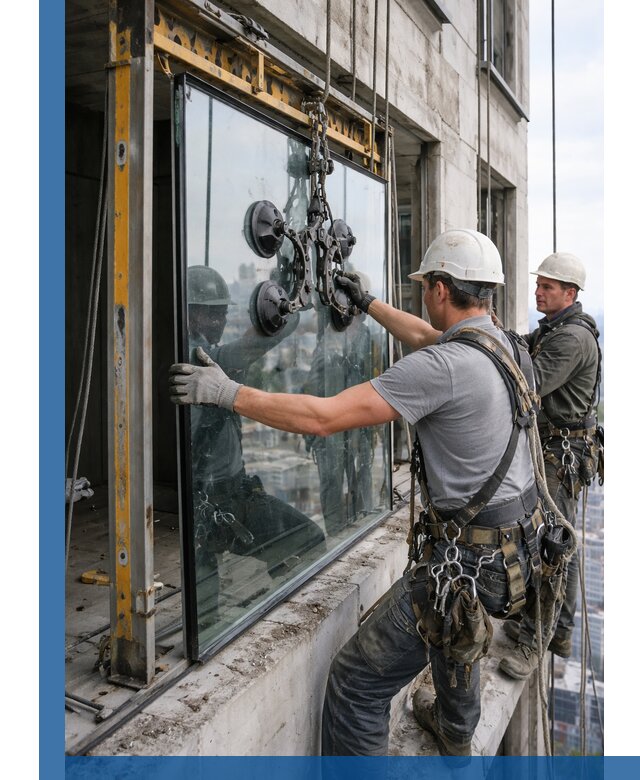 Монтаж стеклопакетов на высоте в Острогожске с промышленным альпинизмом