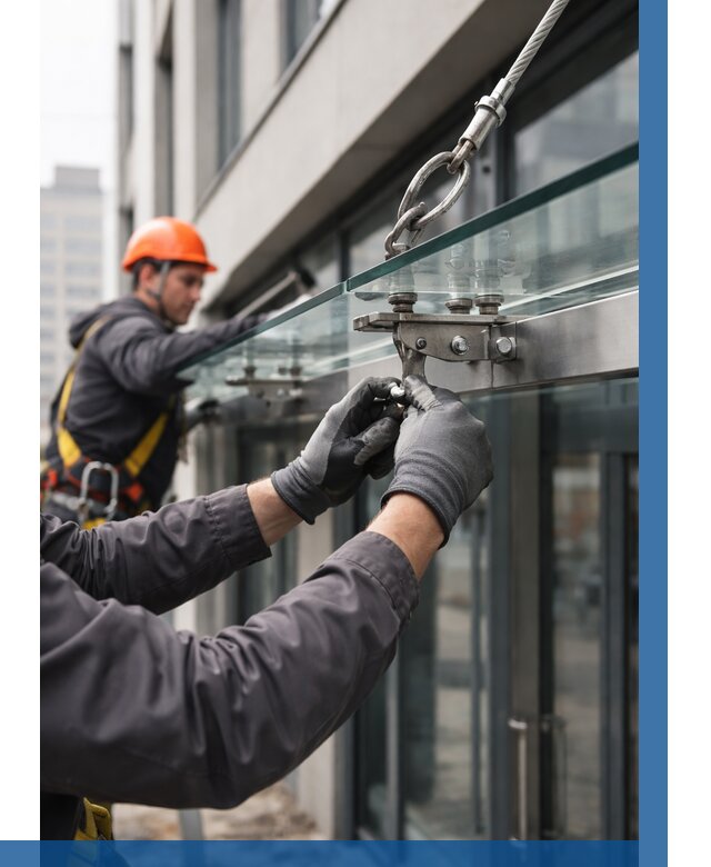 Монтаж стеклянных козырьков в Острогожске от 8866 р. | ВЫСОТНИК-Стг