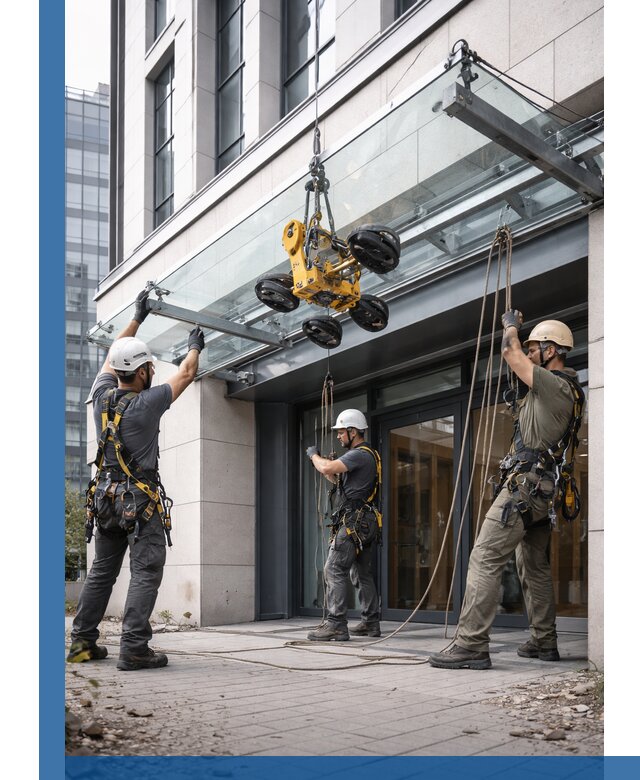 Монтаж стеклянных козырьков под ключ в Острогожске для зданий