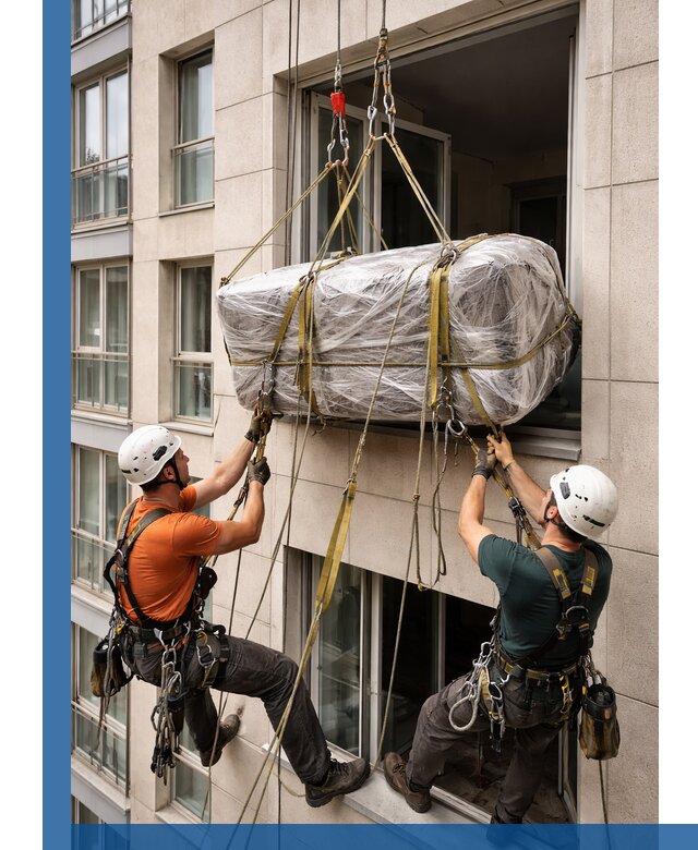 Подъем грузов через окно в Острогожске промышленными альпинистами