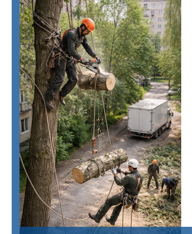 Спил деревьев альпинистами в Острогожске, безопасно и без повреждений