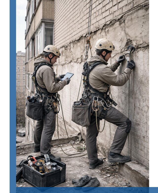 Обследование фасада промышленными альпинистами в Острогожске